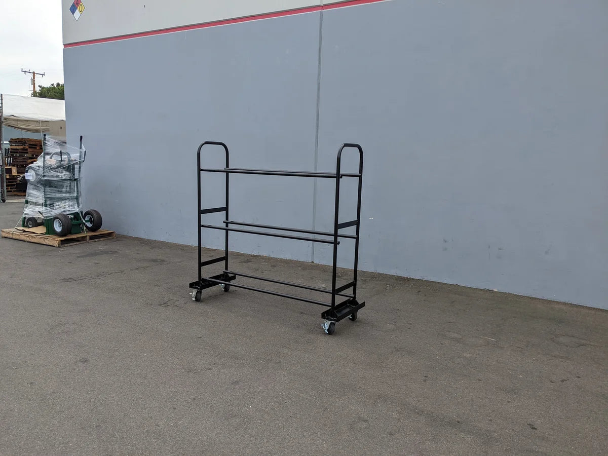 TR-GC1624-24X72 Tire Rack made of black metal with four caster wheels designed for custom fabrication for golf carts, ideal for organizing tires and accessories.