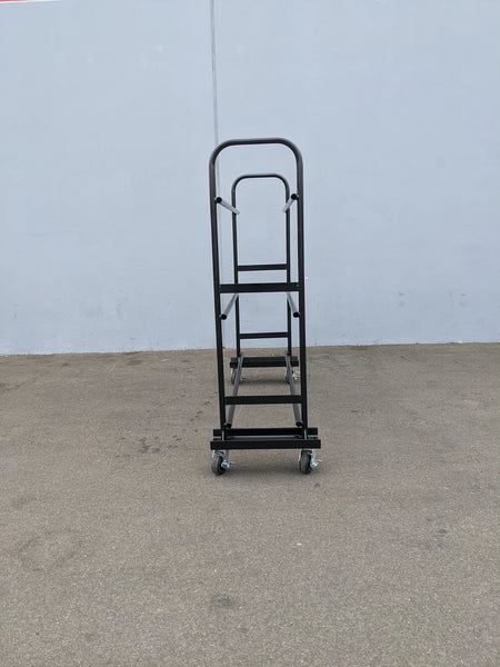 TR-GC1624-24X72 Tire Rack custom fabrication for golf carts, black metal frame rack with multiple levels and caster wheels for mobility, designed for storing and transporting tires.