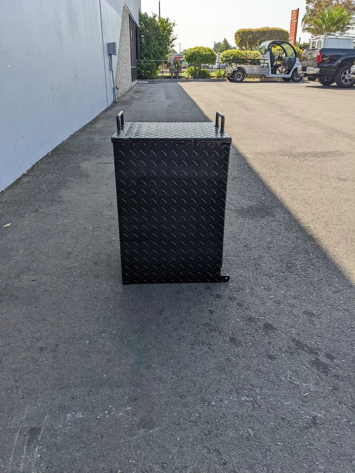 TB-15.5X16X20 LOCKING STORAGE BOX with handles in black diamond plate metal, designed for custom fabrication for golf carts, suitable for cargo or utility storage.
