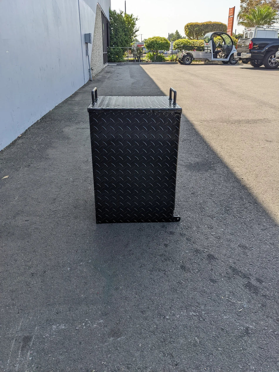 TB-15.5X16X20 LOCKING STORAGE BOX with handles in black diamond plate metal, designed for custom fabrication for golf carts, suitable for cargo or utility storage.