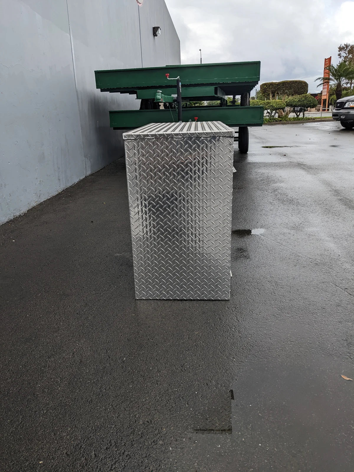 TB-44X20X30 ROLL-UP DOOR TOOLBOX STORAGE CABINET BED MOUNT made from diamond plate metal, designed for custom fabrication for golf carts, ideal for securely storing tools and cargo.