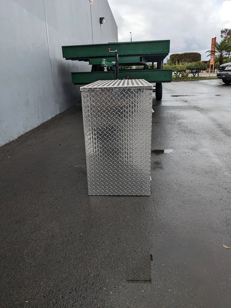 TB-44X20X30 ROLL-UP DOOR TOOLBOX STORAGE CABINET BED MOUNT made from diamond plate metal, designed for custom fabrication for golf carts, ideal for securely storing tools and cargo.