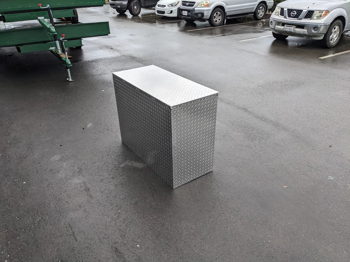 TB-44X20X30 ROLL-UP DOOR TOOLBOX STORAGE CABINET BED MOUNT made of metal diamond plate, suitable for custom fabrication for golf carts, ideal for utility cargo and flatbed tool boxes.