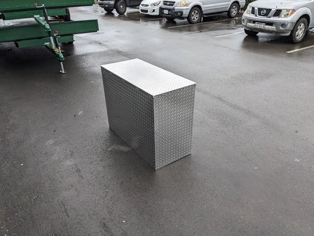 TB-44X20X30 ROLL-UP DOOR TOOLBOX STORAGE CABINET BED MOUNT made of metal diamond plate, suitable for custom fabrication for golf carts, ideal for utility cargo and flatbed tool boxes.