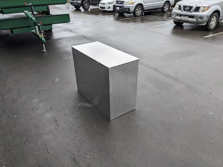 TB-44X20X30 ROLL-UP DOOR TOOLBOX STORAGE CABINET BED MOUNT made of metal diamond plate, suitable for custom fabrication for golf carts, ideal for utility cargo and flatbed tool boxes.