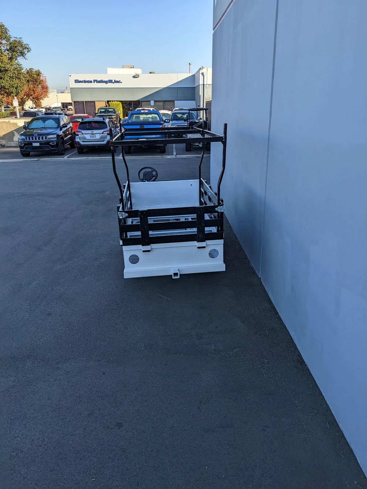 Custom fabricated golf cart with FB-45X120-TLRI-INSIDE MOUNT 10 FT Top Mount Ladder Rack for Flatbed, designed for cargo transport and utility use in outdoor settings.
