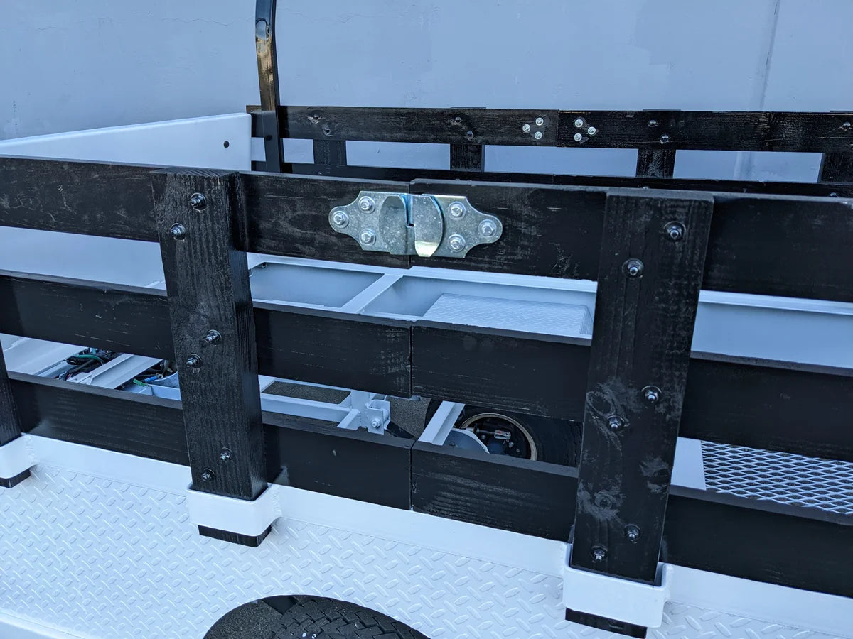 STAKE-SIDES-44X72X18 Flatbed Golf Cart Stake Sides made of durable black wood and metal hardware, designed for custom fabrication to enhance utility and cargo capacity on golf carts.