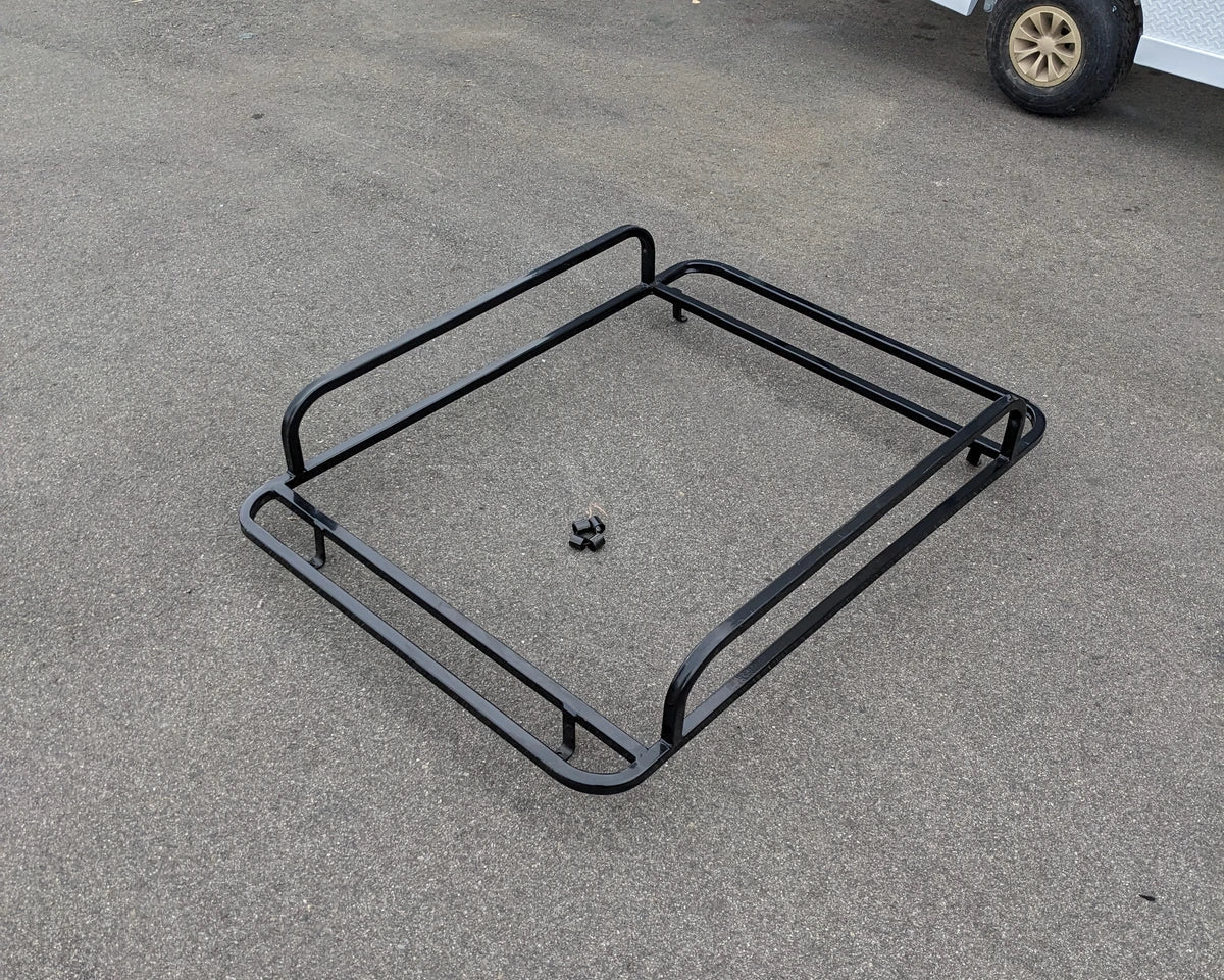 EZGO-RXV-54LR EZ GO RXV HEAVY-DUTY LADDER RACK made of durable black metal tubing, designed for custom fabrication for golf carts, ideal for carrying ladders and cargo securely.