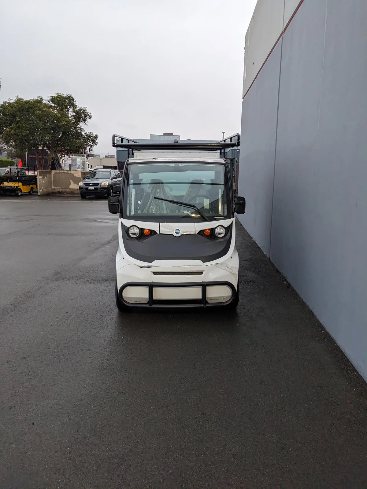 Front view of a white golf cart equipped with the GEM-ELXD-53X120-TLR Top Mount Ladder Rack for outside mount on a GEM ELXD, showcasing custom fabrication for golf carts.