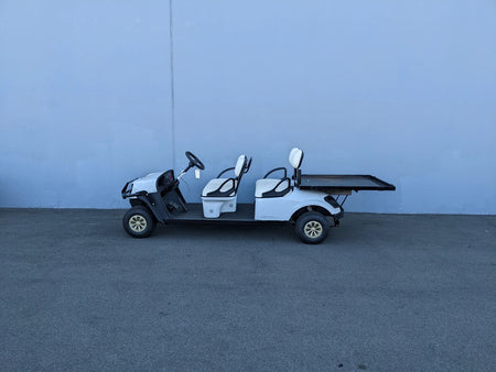 CUSH-SHUTTLE-DECK48X48-SP CUSHMAN SHUTTLE CARGO DECK WITH STAKE POCKETS installed on an extended golf cart designed for custom fabrication and utility cargo transport.