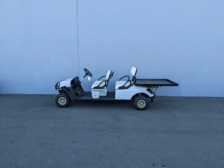 CUSH-SHUTTLE-DECK48X48-SP CUSHMAN SHUTTLE CARGO DECK WITH STAKE POCKETS installed on an extended golf cart designed for custom fabrication and utility cargo transport.
