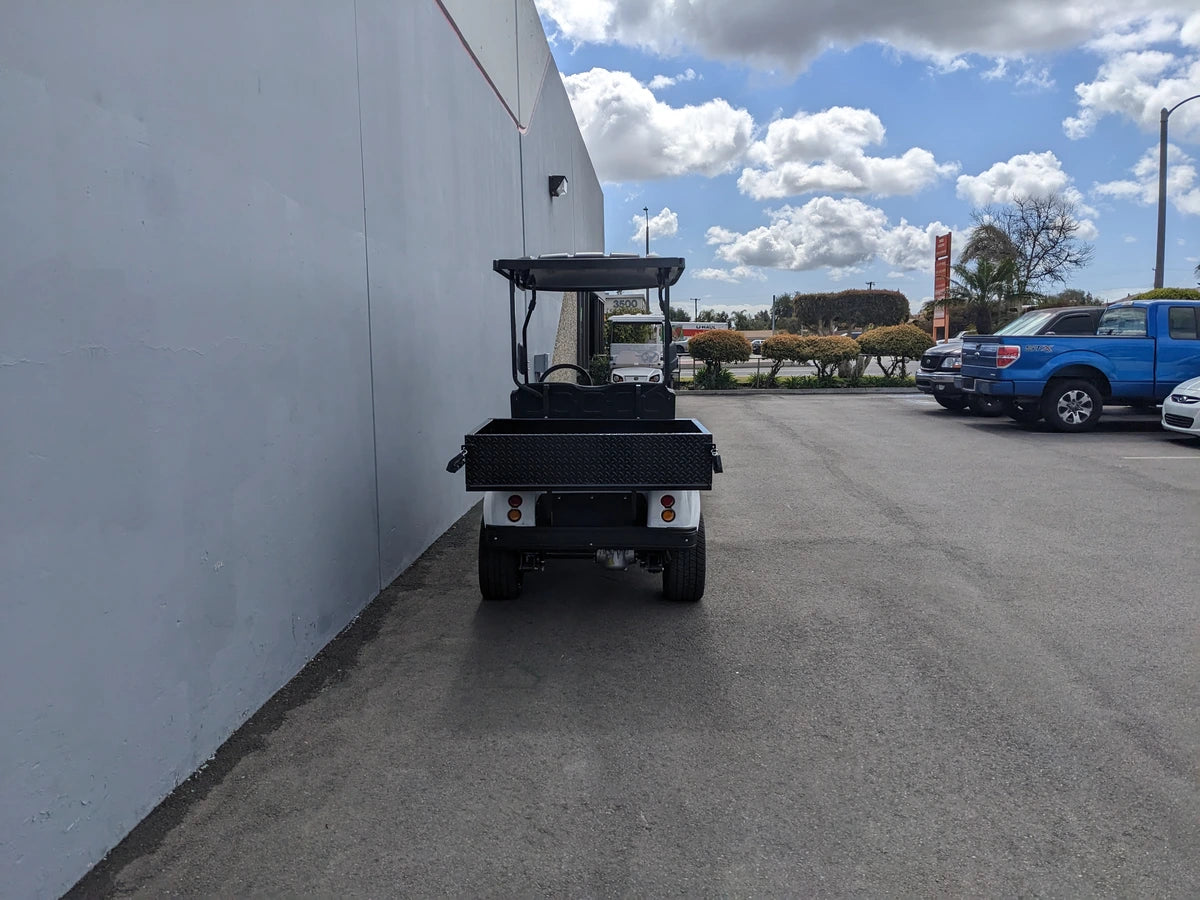 Rear view of a golf cart equipped with the EVO-CLASSIC-UTIL31 EVOLUTION CLASSIC HEAVY-DUTY UTILITY BOX, designed for custom fabrication for golf carts and heavy-duty utility use.