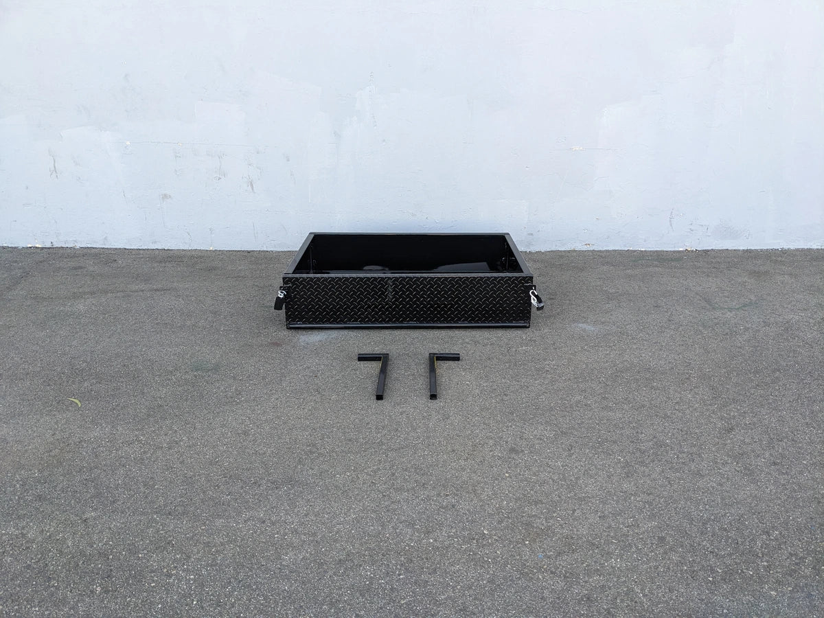 EVO-CLASSIC-UTIL31 EVOLUTION CLASSIC HEAVY-DUTY UTILITY BOX in black with mounting brackets on pavement, custom fabrication for golf carts, designed for secure cargo and tool storage.