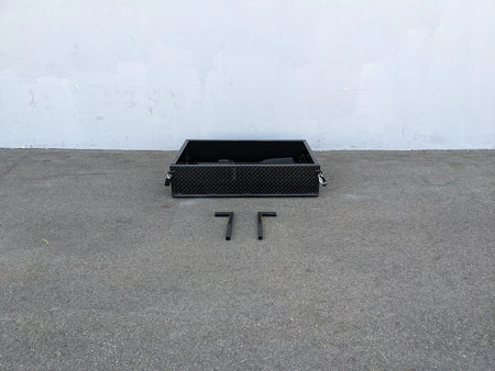 EVO-CLASSIC-UTIL31 EVOLUTION CLASSIC HEAVY-DUTY UTILITY BOX in black with mounting brackets on pavement, custom fabrication for golf carts, designed for secure cargo and tool storage.