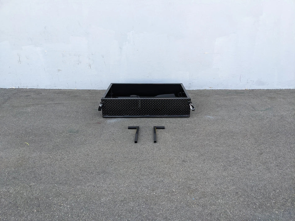 EVO-CLASSIC-UTIL31 EVOLUTION CLASSIC HEAVY-DUTY UTILITY BOX in black with mounting brackets on pavement, custom fabrication for golf carts, designed for secure cargo and tool storage.