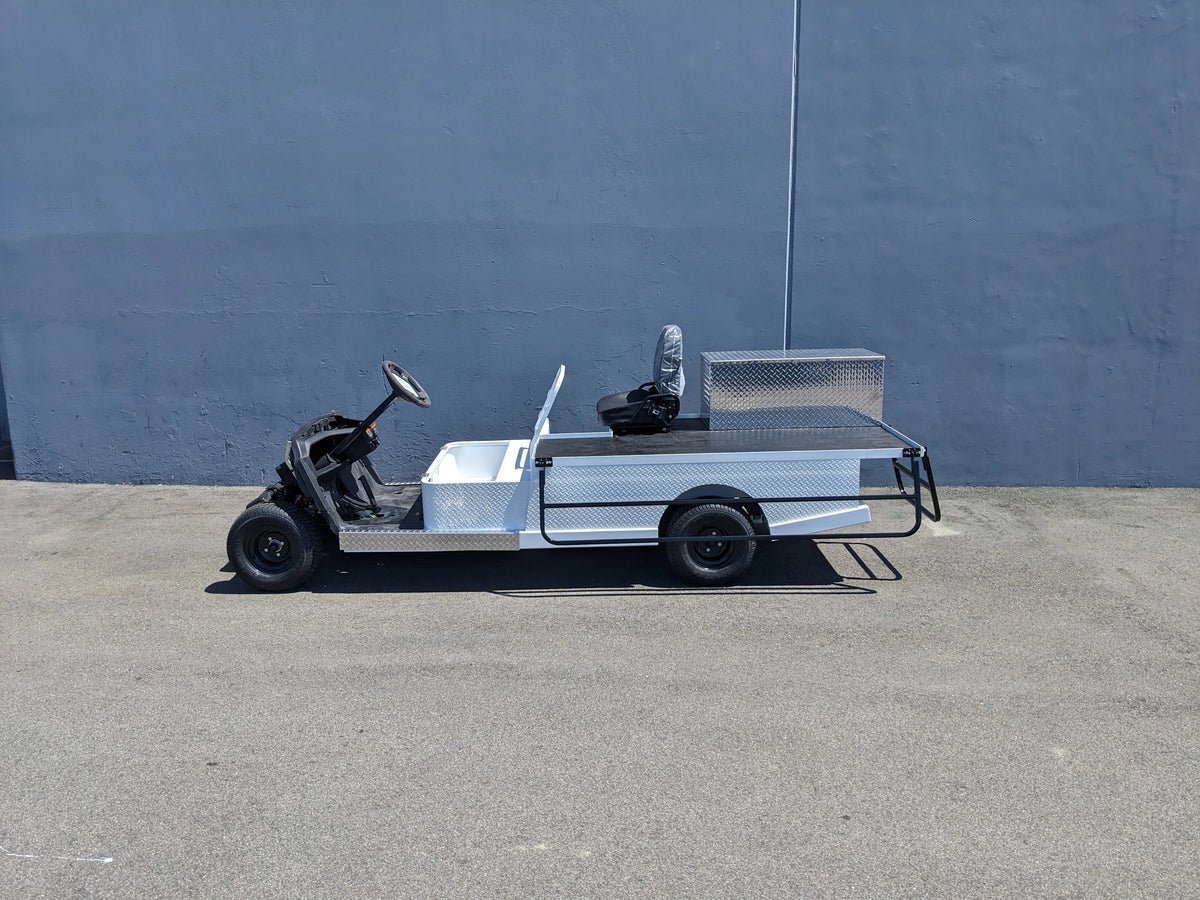YAM-AMB-2SEAT-ST-FLAT-84 2Seat Ambulance Conversion on Yamaha Flatbed showing a custom fabricated flatbed and utility box designed for specialty golf cart beds and ambulance use.