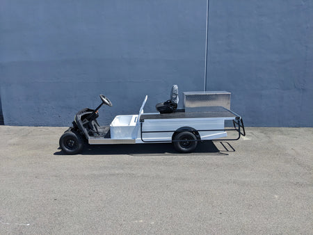 YAM-AMB-2SEAT-ST-FLAT-84 2Seat Ambulance Conversion on Yamaha Flatbed showing a custom fabricated flatbed and utility box designed for specialty golf cart beds and ambulance use.