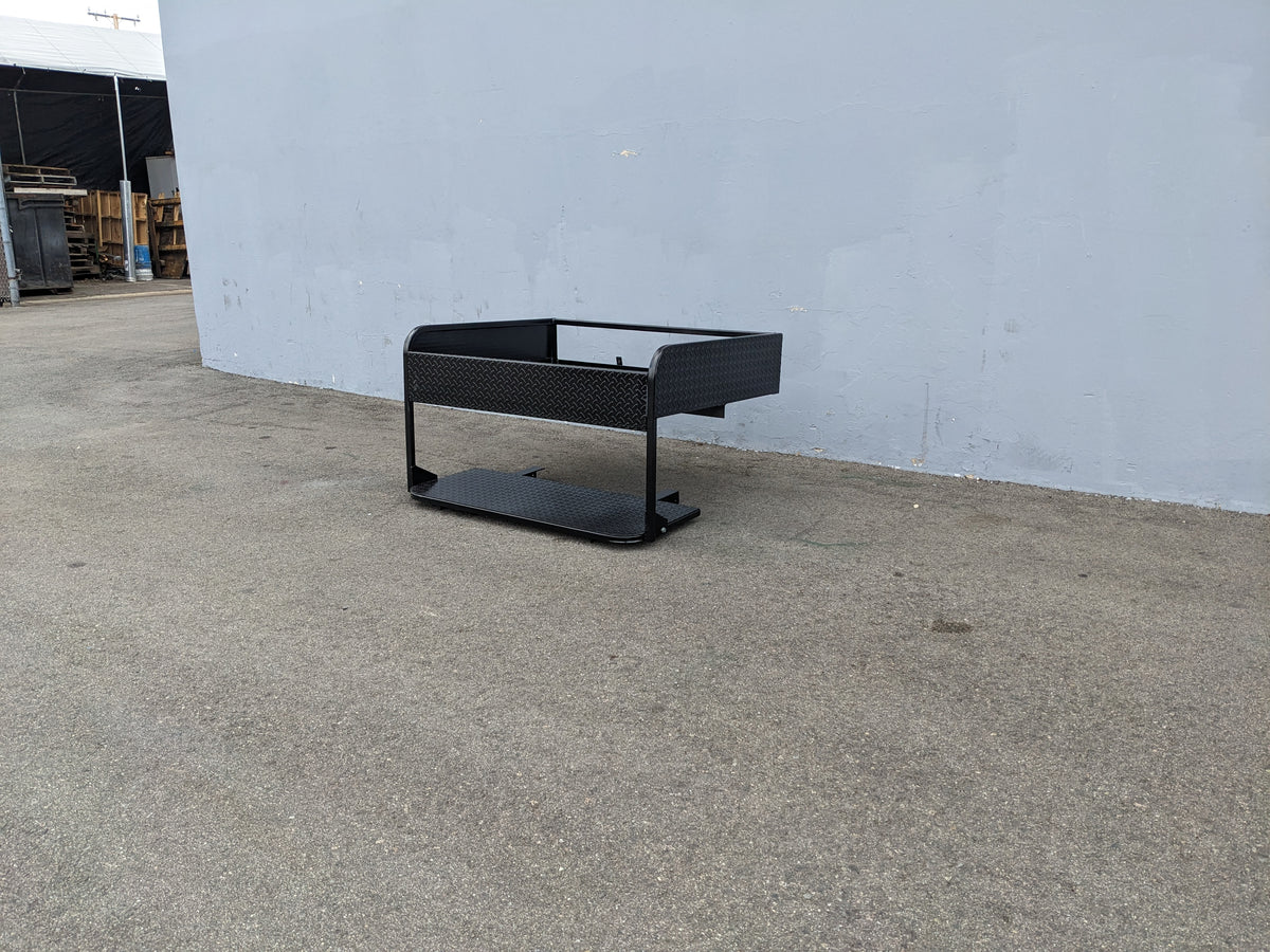 CRUISE-C40-SB-COMBO CRUISE CAR/ICON C40 HEAVY-DUTY SEAT BACK COMBINATION SEAT/DECK KIT displayed outdoors on pavement, featuring sturdy black metal construction designed for custom fabrication for golf carts.