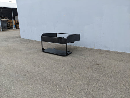 CRUISE-C40-SB-COMBO CRUISE CAR/ICON C40 HEAVY-DUTY SEAT BACK COMBINATION SEAT/DECK KIT displayed outdoors on pavement, featuring sturdy black metal construction designed for custom fabrication for golf carts.
