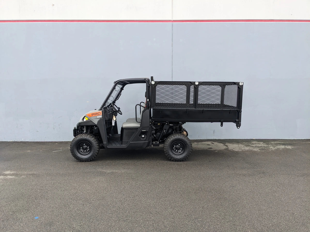 Utility vehicle with a flatbed featuring the FB-POL-PROXD-54X76X11-DUMP TILT BED ACTUATOR WITH KEY FOB REMOTE, designed for custom fabrication for golf carts and cargo hauling applications.