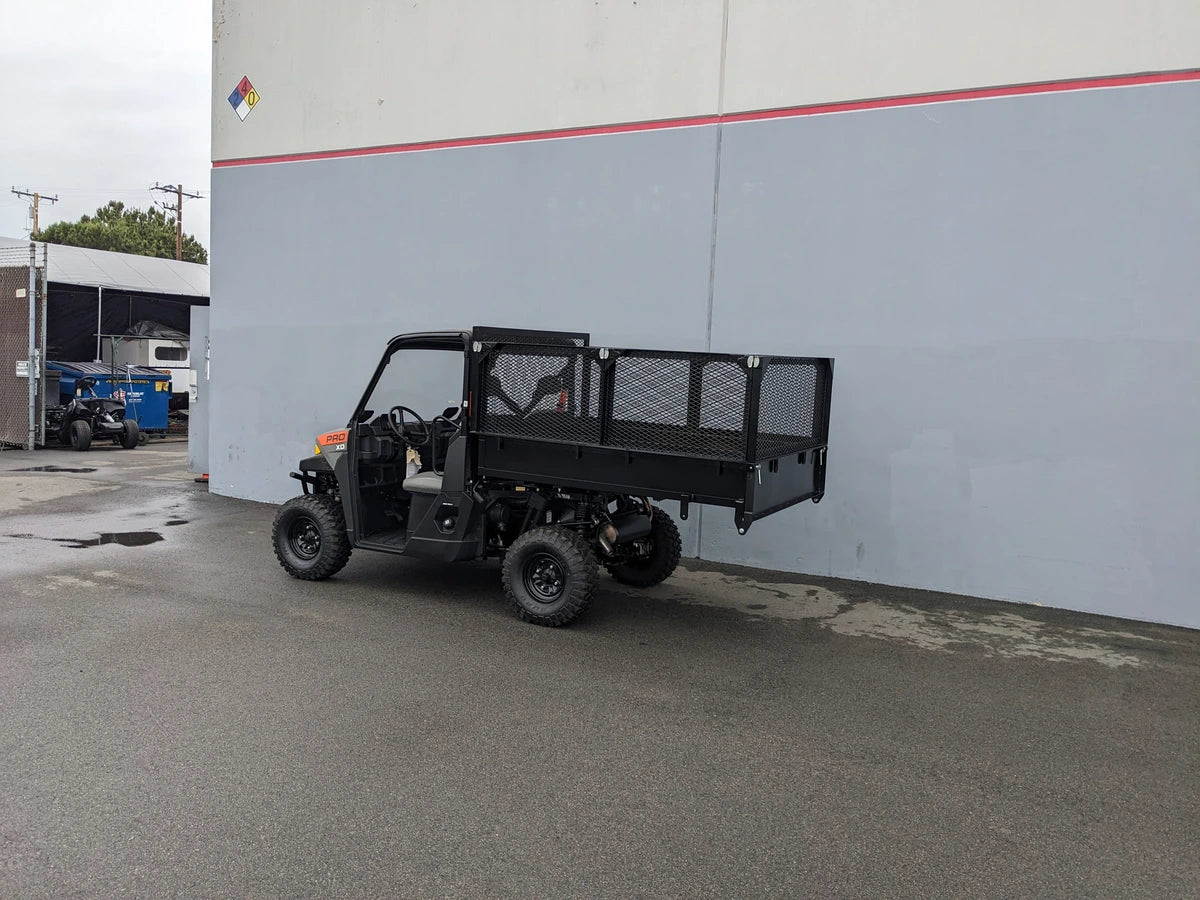 Utility golf cart with custom flatbed and cargo box featuring the FB-POL-PROXD-54X76X11-DUMP TILT BED ACTUATOR WITH KEY FOB REMOTE, designed for specialized golf cart use.