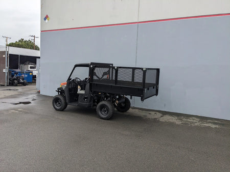 Utility golf cart with custom flatbed and cargo box featuring the FB-POL-PROXD-54X76X11-DUMP TILT BED ACTUATOR WITH KEY FOB REMOTE, designed for specialized golf cart use.