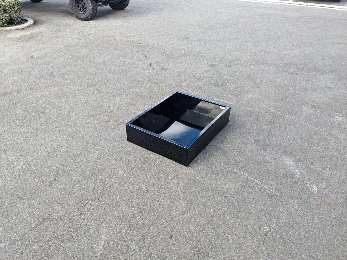 Black removable utility box insert with smooth interior surface designed for custom fabrication for golf carts, labeled ICON-I40-RUB31-40WIDE Removable Utility Box Insert for Icon I40 Flip-Seat.