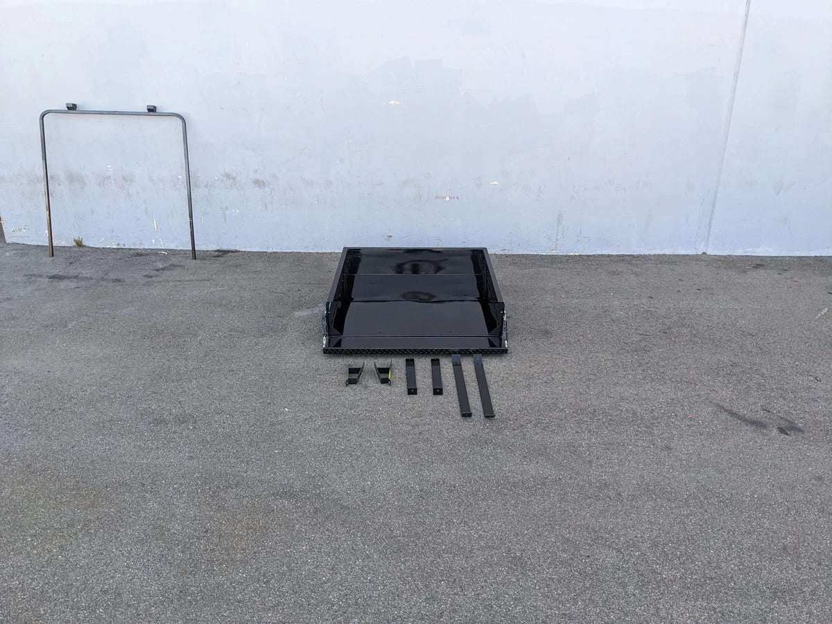 CC-PREC-UTIL42 CLUB CAR PRECEDENT EXTENDED UTILITY BOX WITH TAILGATE shown disassembled on pavement, featuring custom fabrication for golf carts and including mounting hardware pieces.