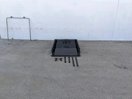 CC-PREC-UTIL42 CLUB CAR PRECEDENT EXTENDED UTILITY BOX WITH TAILGATE shown disassembled on pavement, featuring custom fabrication for golf carts and including mounting hardware pieces.