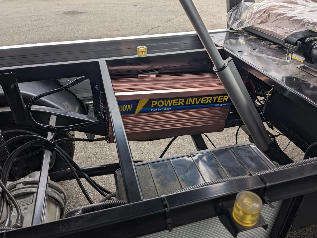 INVERTER-ICONC20U2013+-5000W Inverter Installation to Supply 15Amp 120VAC Outlet with Switch showing custom fabrication for golf carts with power inverter mounted on cart frame.