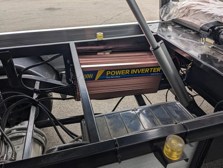 INVERTER-ICONC20U2013+-5000W Inverter Installation to Supply 15Amp 120VAC Outlet with Switch showing custom fabrication for golf carts with power inverter mounted on cart frame.