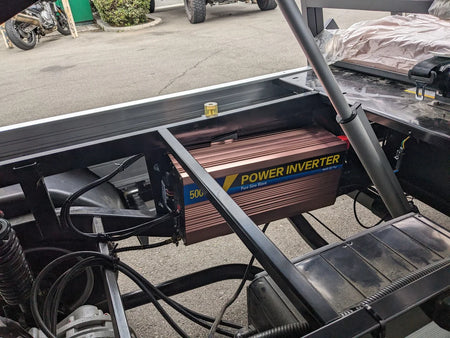 INVERTER-ICONC20U2013+-5000W Inverter Installation to Supply 15Amp 120VAC Outlet with Switch mounted inside a golf cart frame as part of a custom fabrication for golf carts.