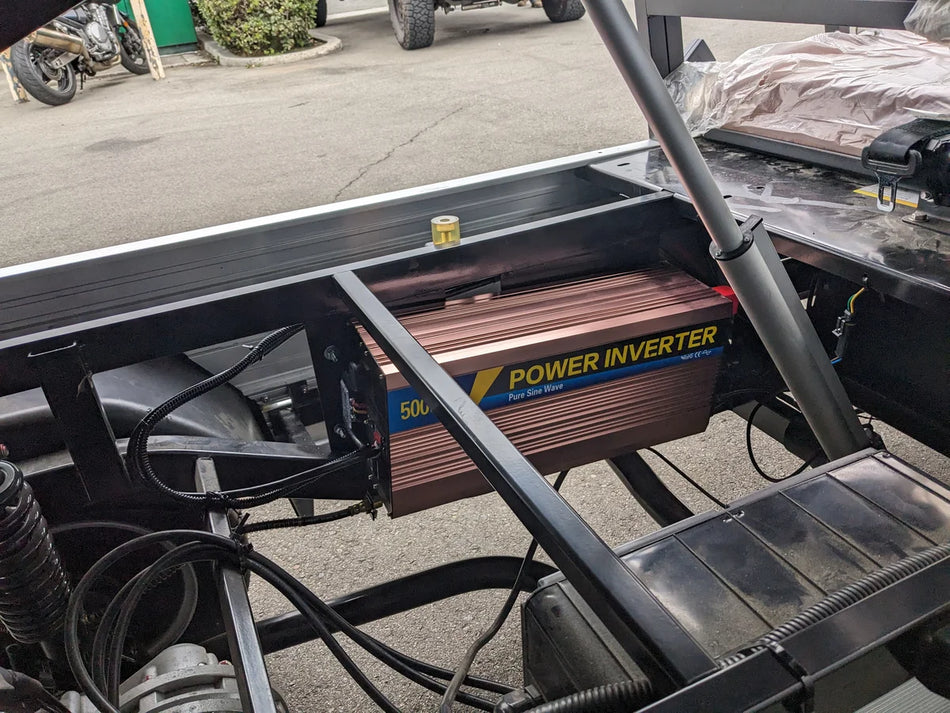 INVERTER-ICONC20U2013+-5000W Inverter Installation to Supply 15Amp 120VAC Outlet with Switch mounted inside a golf cart frame as part of a custom fabrication for golf carts.