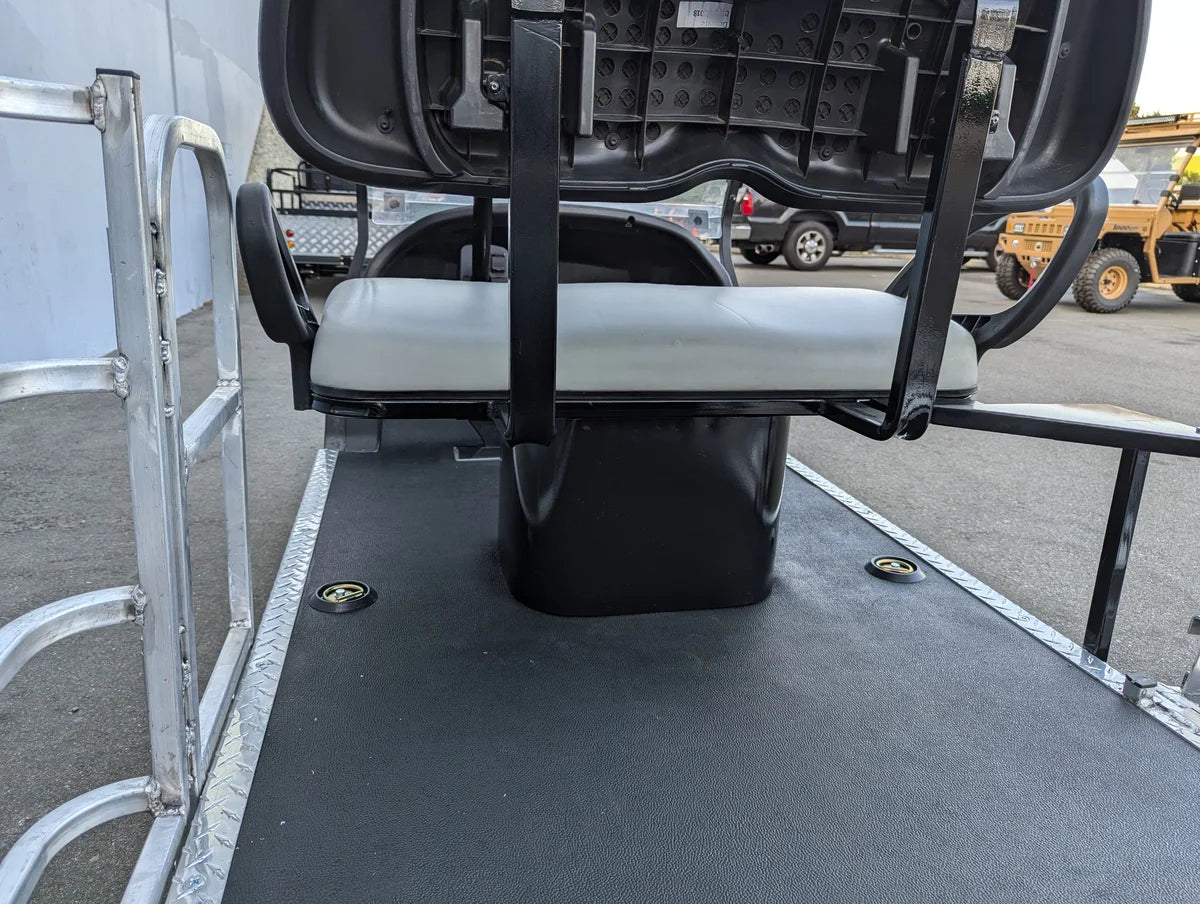 SEAT-POD-CC Heavy-Duty Club Car Seat Pod installed on a golf cart flatbed with custom fabrication, designed for durable utility and cargo transport with built-in armrests.