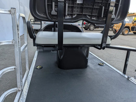 SEAT-POD-CC Heavy-Duty Club Car Seat Pod installed on a golf cart flatbed with custom fabrication, designed for durable utility and cargo transport with built-in armrests.