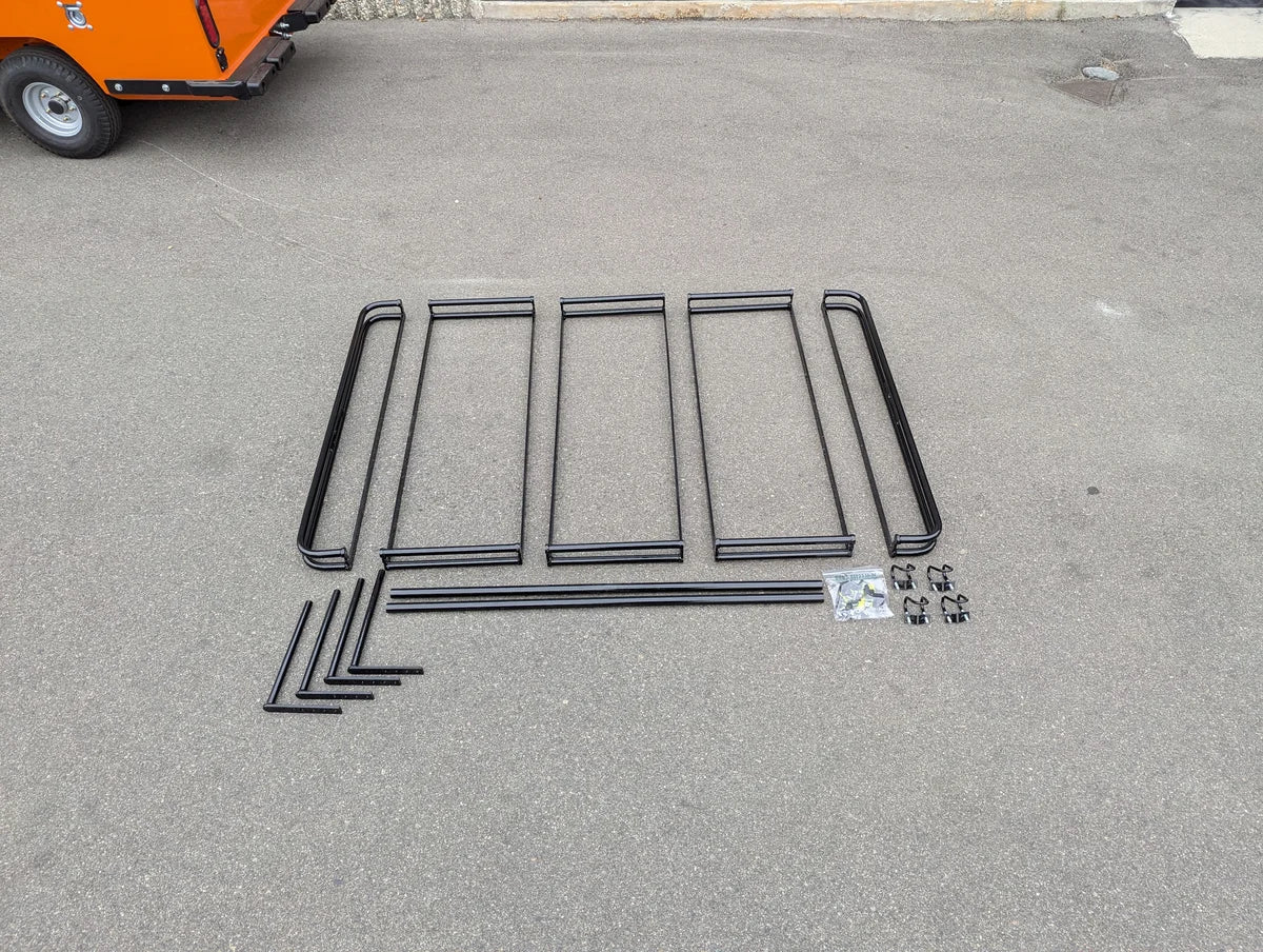 MRR-43X54-RR3 Heavy-Duty Golf Cart Roof Rack will fit most golf carts, shown as custom fabrication parts including metal frame pieces and mounting hardware for golf cart accessories.