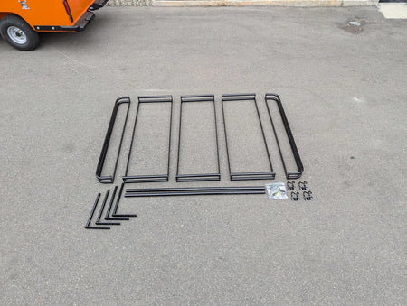MRR-43X54-RR3 Heavy-Duty Golf Cart Roof Rack will fit most golf carts, shown as custom fabrication parts including metal frame pieces and mounting hardware for golf cart accessories.