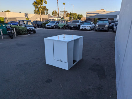 JD-TH6X4-37X47-S3FD-RB Rear Library Box for John Deer TH 6X4 with three doors, custom fabrication for golf carts, designed as a utility cargo storage solution.