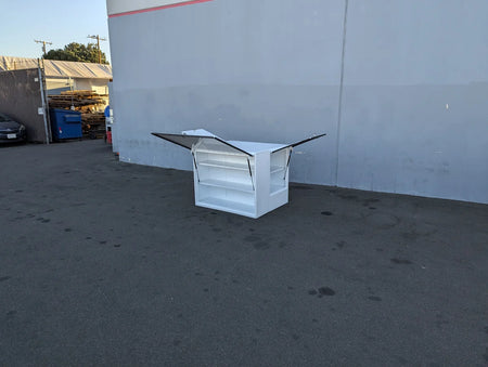 JD-TH6X4-37X47-S3FD-RB Rear Library Box for John Deer TH 6X4 with three doors, custom fabrication for golf carts, showing open storage compartments on a white utility box.