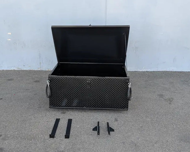 CC-PREC-CARGO31 LOCKING CARGO BOX FOR CLUB CAR PRECEDENT in black diamond plate steel, open with mounting brackets, designed for custom fabrication for golf carts and utility cargo storage.