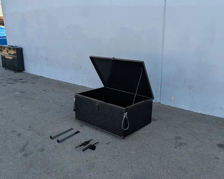 Black CC-PREC-CARGO31 LOCKING CARGO BOX FOR CLUB CAR PRECEDENT with open lid and mounting hardware, custom fabrication for golf carts providing secure utility storage.
