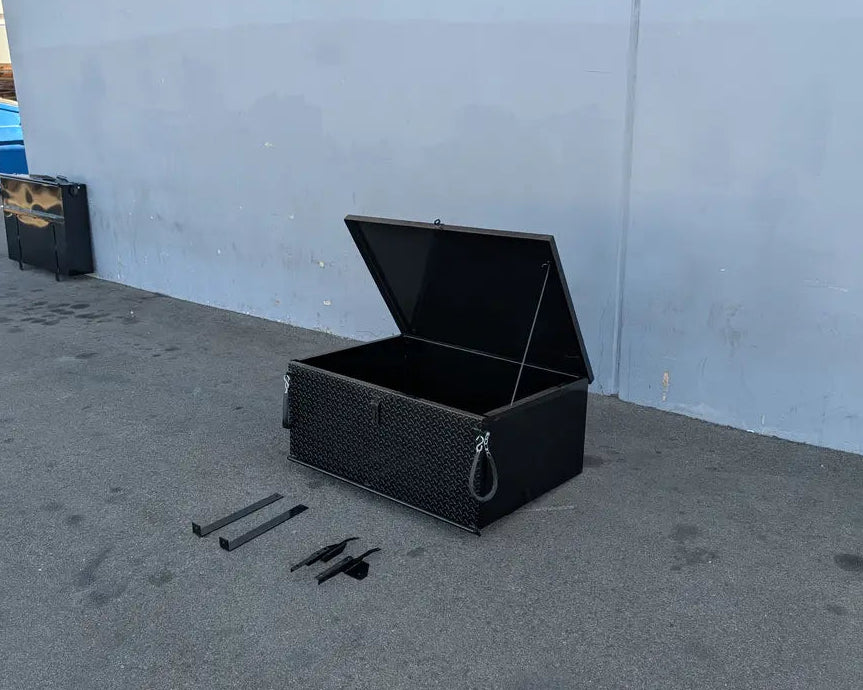 Black CC-PREC-CARGO31 LOCKING CARGO BOX FOR CLUB CAR PRECEDENT with open lid and mounting hardware, custom fabrication for golf carts providing secure utility storage.
