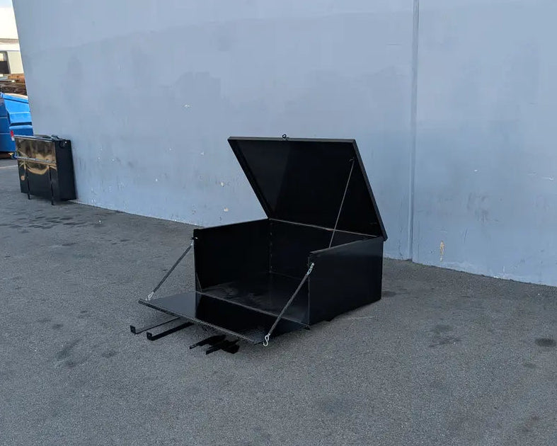 Black metal CC-PREC-CARGO31 LOCKING CARGO BOX FOR CLUB CAR PRECEDENT with hinged top and front opening, designed for custom fabrication for golf carts utility and secure cargo storage.