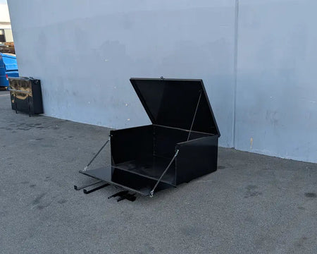 Black metal CC-PREC-CARGO31 LOCKING CARGO BOX FOR CLUB CAR PRECEDENT with hinged top and front opening, designed for custom fabrication for golf carts utility and secure cargo storage.