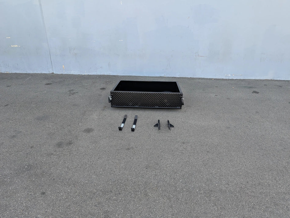 CC-PREC-UTIL31 CLUB CAR PRECEDENT HEAVY-DUTY INDUSTRIAL UTILITY BOX WITH TAILGATE shown on pavement with mounting brackets, custom fabrication for golf carts cargo and utility storage solutions.
