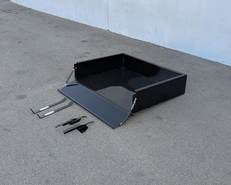 CC-PREC-UTIL31 CLUB CAR PRECEDENT HEAVY-DUTY INDUSTRIAL UTILITY BOX WITH TAILGATE shown on ground with mounting hardware, designed for custom fabrication for golf carts and heavy-duty cargo use.