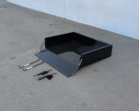 CC-PREC-UTIL31 CLUB CAR PRECEDENT HEAVY-DUTY INDUSTRIAL UTILITY BOX WITH TAILGATE shown on ground with mounting hardware, designed for custom fabrication for golf carts and heavy-duty cargo use.