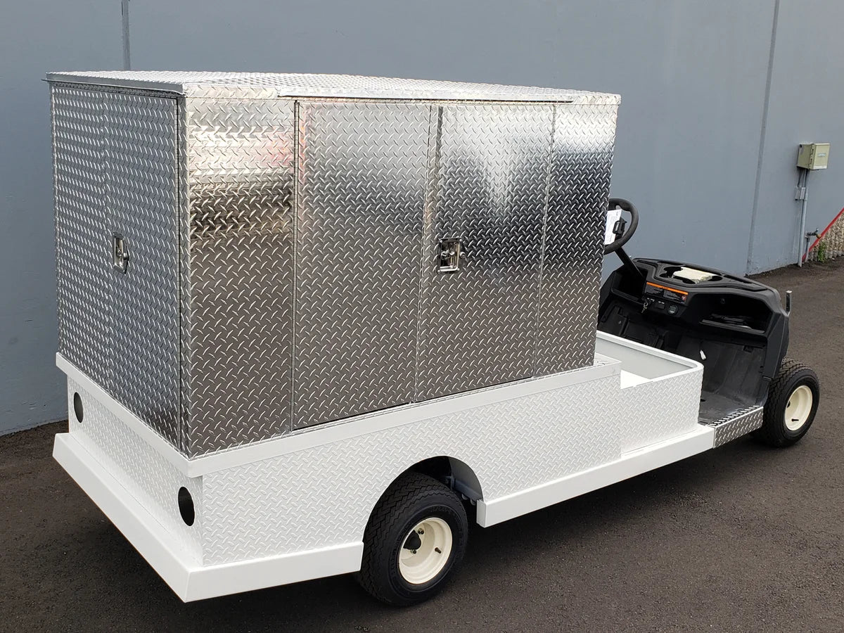 FMB-44X72X48-D-D3W3 FLATBED ALUMINUM DIAMOND PLATE MULTI-PURPOSE BOX 44″ WIDE X 72″ LONG X 48″ TALL WITH LOCKING DOORS ON REAR, LEFT AND RIGHT SIDE mounted on a white golf cart flatbed, custom fabrication for golf carts.