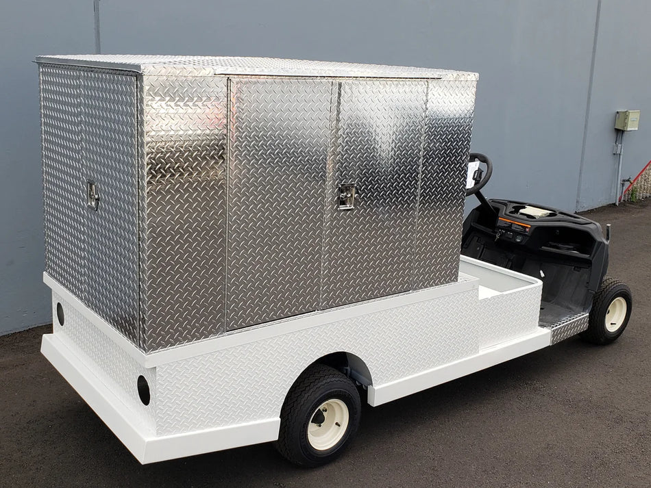 FMB-44X72X48-D-D3W3 FLATBED ALUMINUM DIAMOND PLATE MULTI-PURPOSE BOX 44″ WIDE X 72″ LONG X 48″ TALL WITH LOCKING DOORS ON REAR, LEFT AND RIGHT SIDE mounted on a white golf cart flatbed, custom fabrication for golf carts.