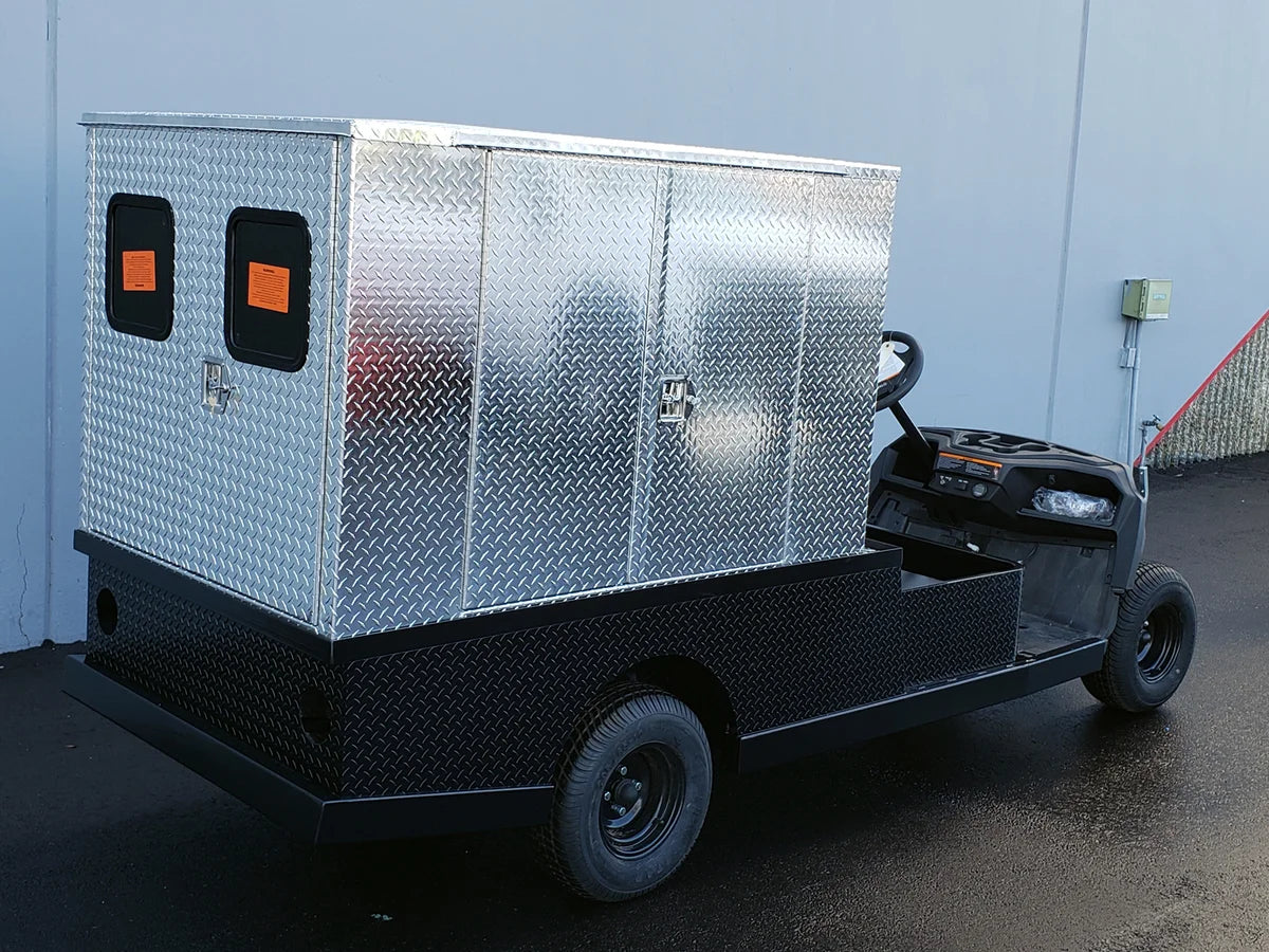 FMB-44X72X48-D-D3W3 FLATBED ALUMINUM DIAMOND PLATE MULTI-PURPOSE BOX 44″ WIDE X 72″ LONG X 48″ TALL WITH LOCKING DOORS ON REAR, LEFT AND RIGHT SIDE mounted on a golf cart, custom fabrication for golf carts.